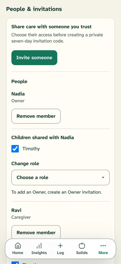 People in Timothy's family: Nadia, Owner, and Ravi, Caregiver, each with the children shared with them, plus Invite someone.