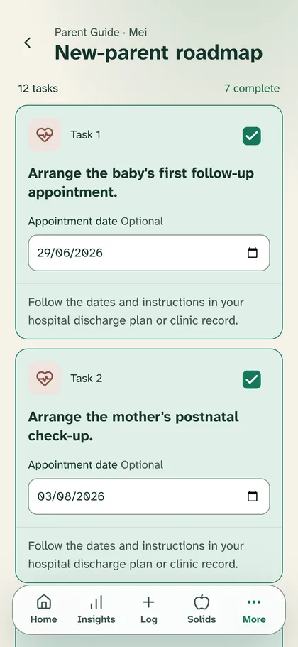 New Parent Roadmap in the Singapore Parent Guide, with steps such as the baby's first follow-up, registering the birth and the Baby Bonus.