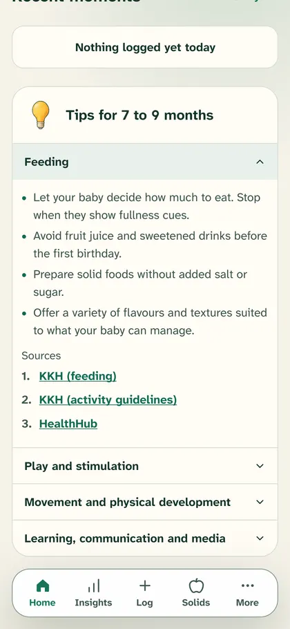 Home, with Tips for 7 to 9 months open at Feeding.