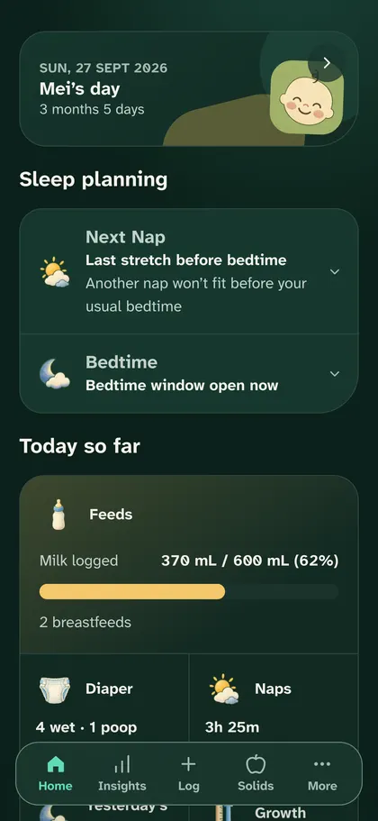 Home in dark mode at night: Mei's day, sleep planning with the bedtime window open now, and today so far.