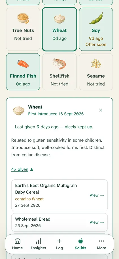 Wheat in the allergen tracker, last given today. The list of times it was given shows Earth's Best Organic Multigrain Baby Cereal, marked contains Wheat, then Wholemeal Bread.