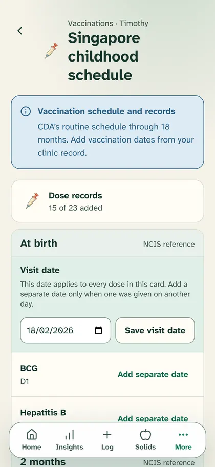 Singapore childhood schedule in Vaccinations for Timothy: 15 of 23 dose records added, with the visit date for the at-birth doses, BCG and Hepatitis B.